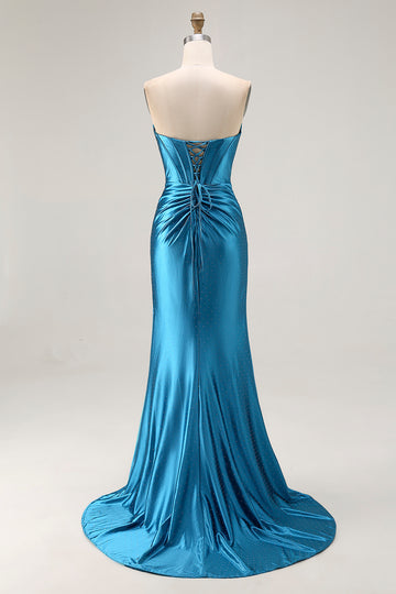 Mermaid Strapless Beaded Corset Royal Blue Prom Dress